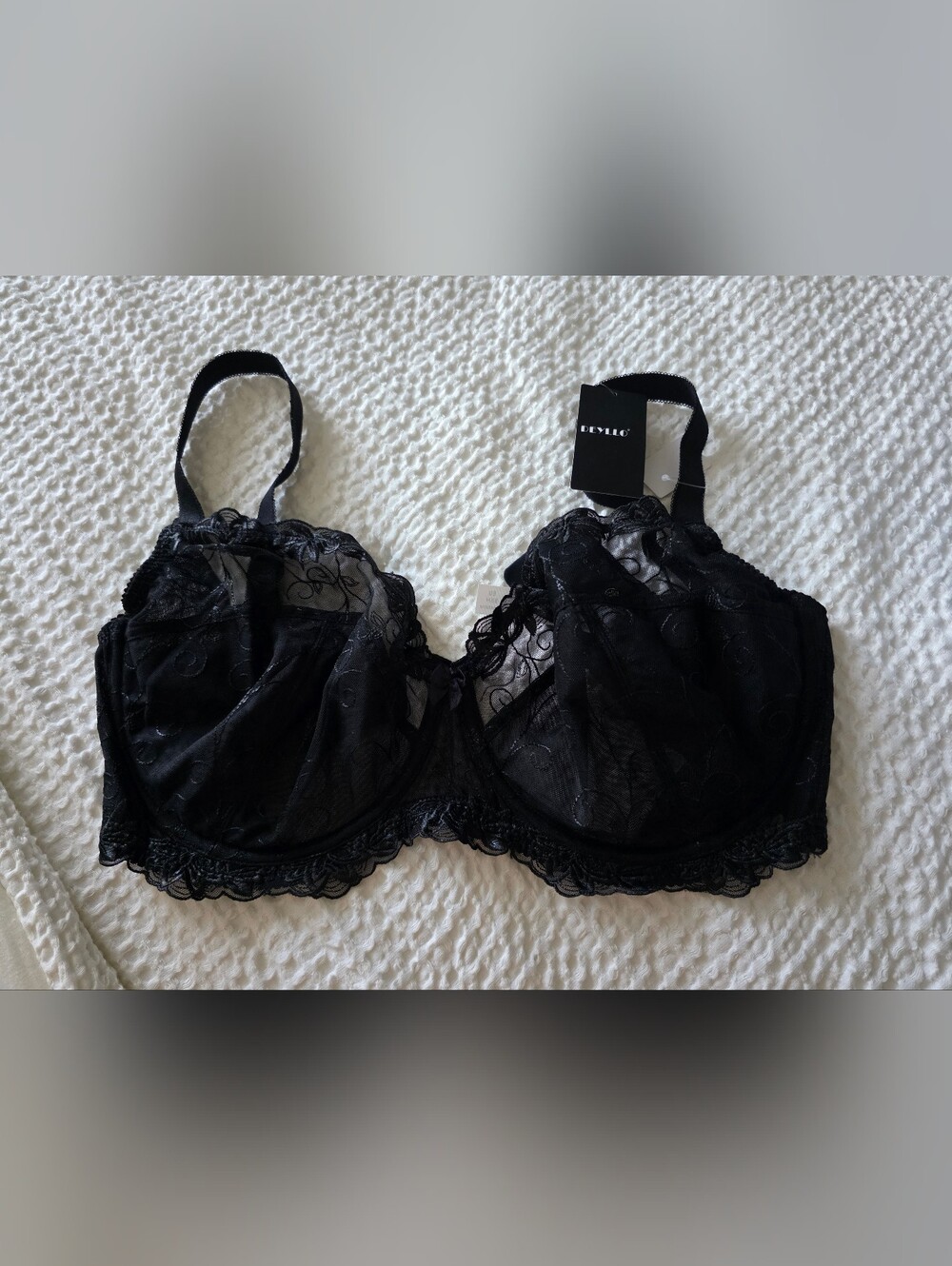 Lace Underwire Bra with Sheer Embroidered Cups - Black